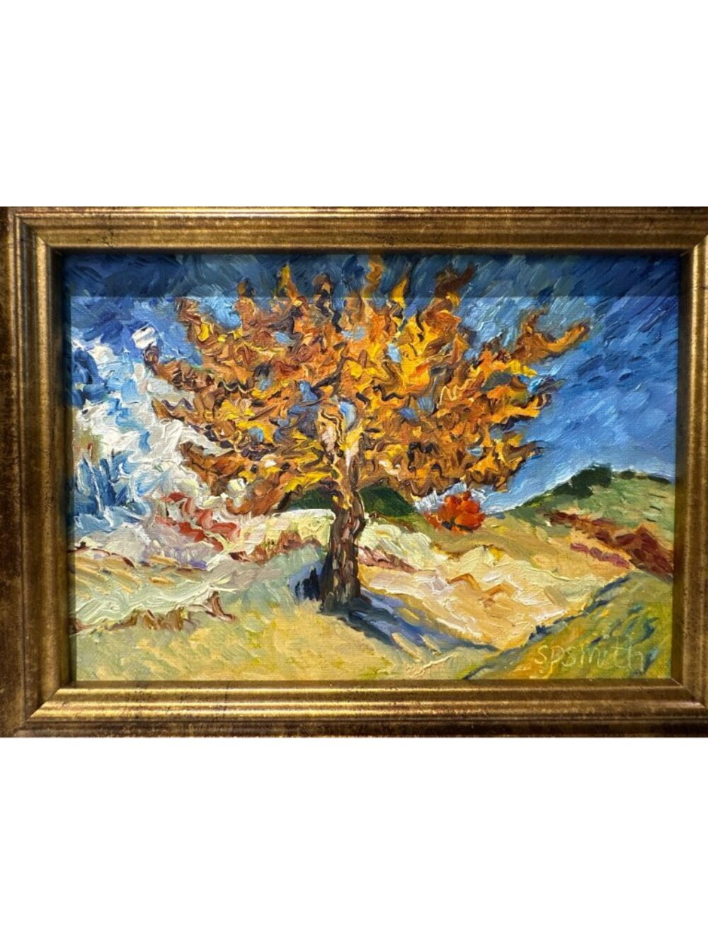 Original Oil Painting Of Autumn Tree In Landscape By S.P. Smith Gold-Tone Frame - Picture 2 of 5